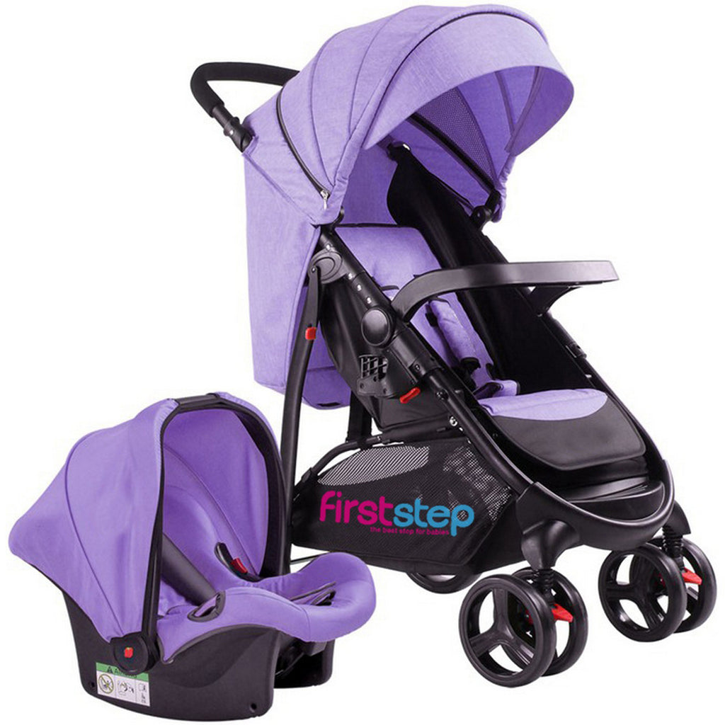 purple stroller with car seat