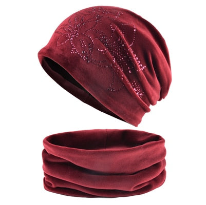 مجموعة أزياء المرأة حجر الراين زهرة قبعة وشاح الشتاء بيني الأوشحة