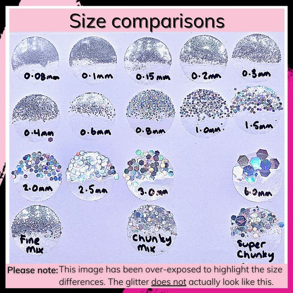 17 semi-circle swatches of different sized glitters