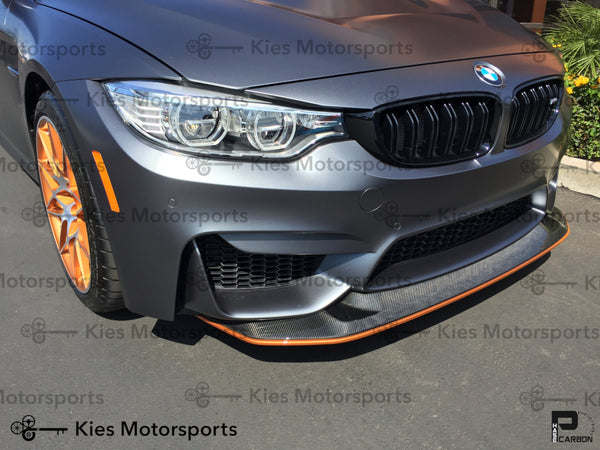 grey f82 m4 gts style front lip installed painted orange