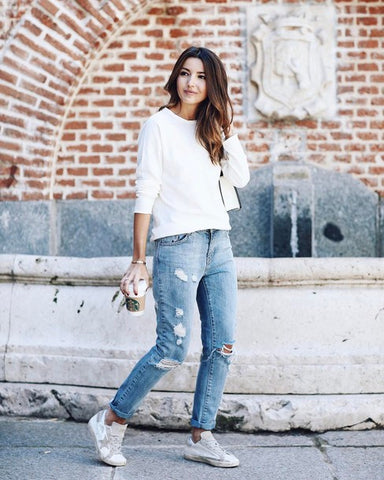 Casual outfit blue jeans white top lazy morning classic look