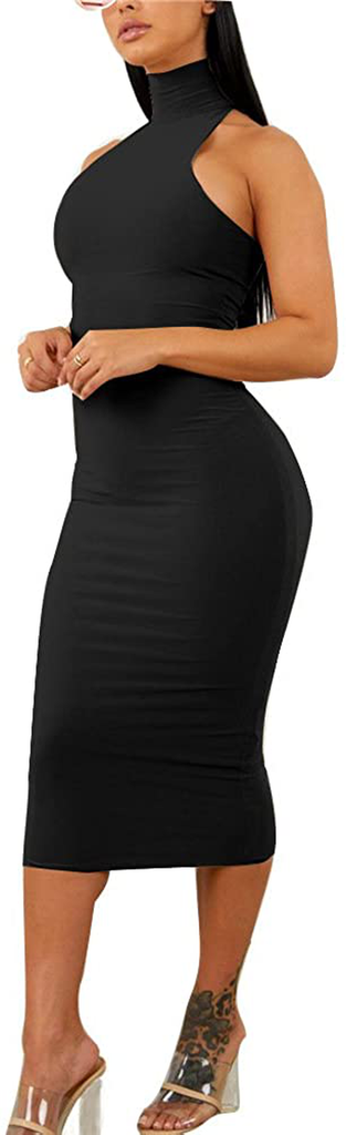 GOBLES Women's Sexy Halter High Neck Elegant Sleeveless Bodycon Midi Club Dress