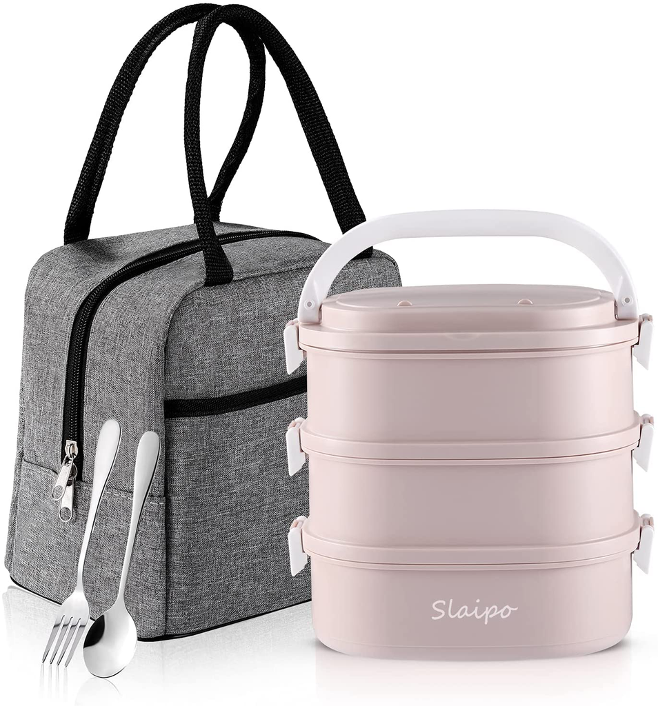 Lille Home Stackable Stainless Steel Thermal Compartment Lunch/Snack Box,  3-Tier Insulated Bento/Food Container with Upgraded Lunch Bag, Portable