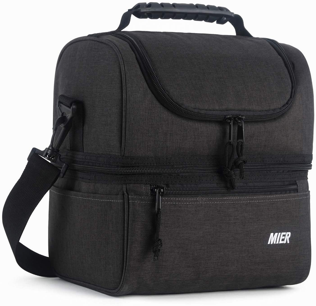 MIER Large Insulated Lunch Bag Cooler Tote Dual Compartment, Black