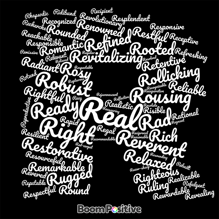 Positive words that start with R | Word cloud t-shirt – Boom Positive