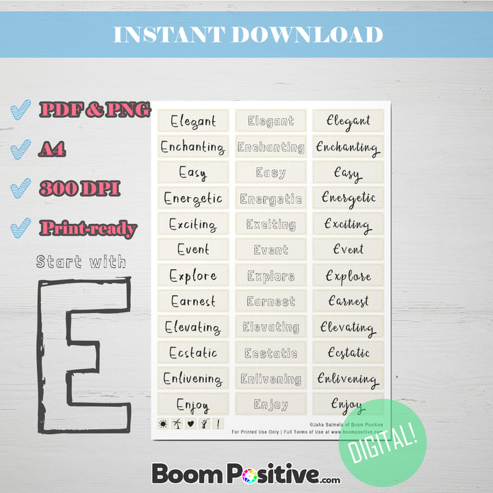 Printable Positive Words with E 36 Words + 4 Doodles Boom Positive