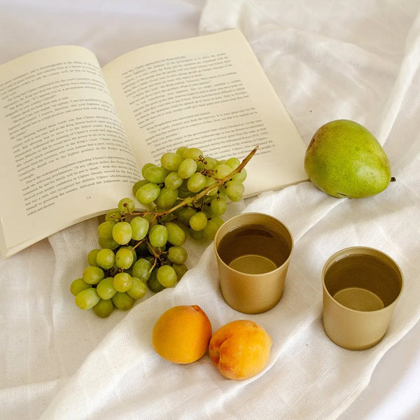 Imagen de vasos lisos en un picnic con uvas y un libro.