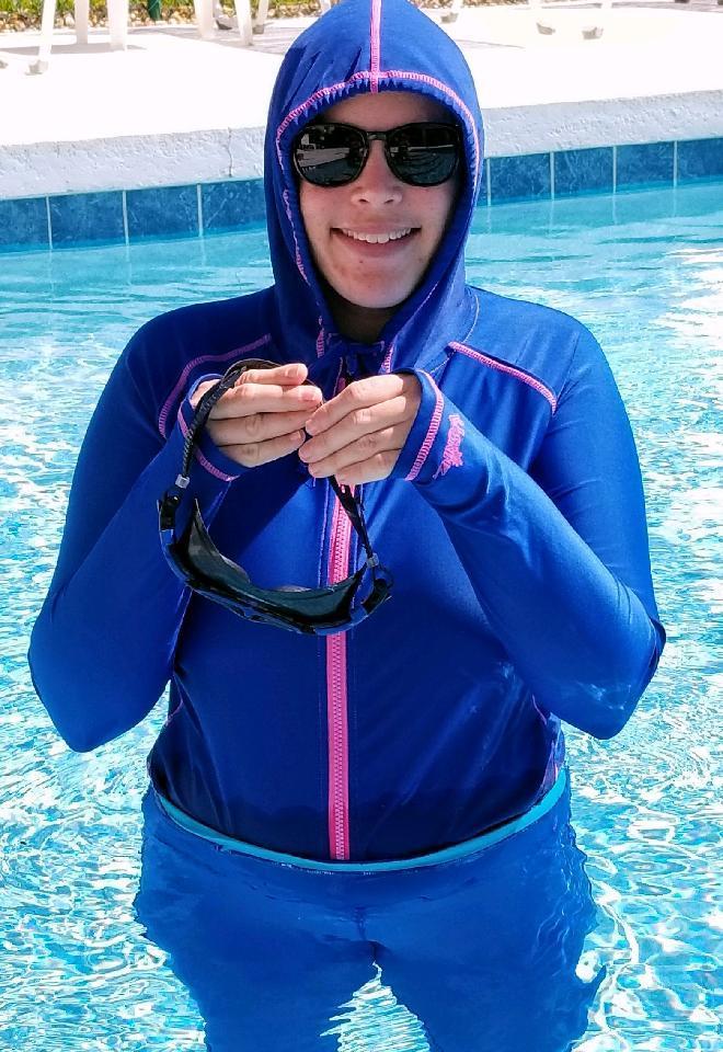 Sara enjoying a swim in her UV Skinz Water Jacket.