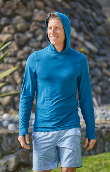 Man in a UV Skinz's dark blue UPF hoodie