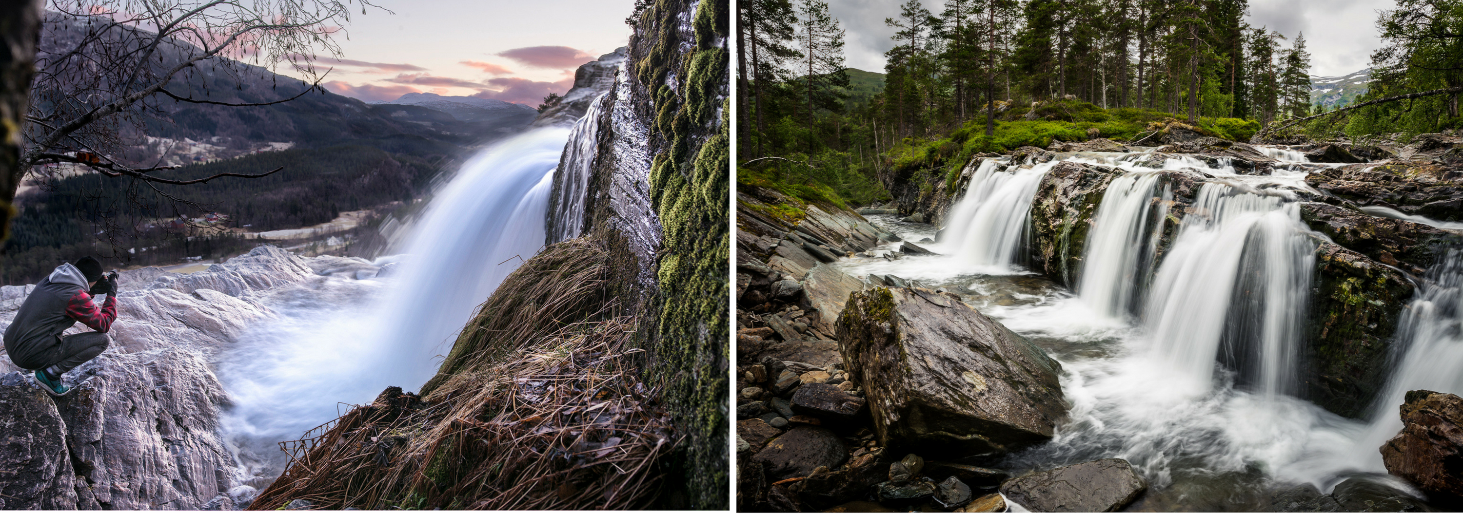 Uomo che scatta una foto di una cascata setosa con una lunga esposizione 