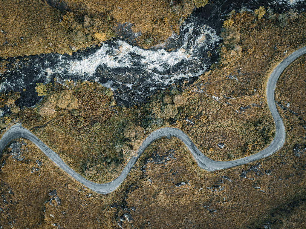 Drone image of a winding road 