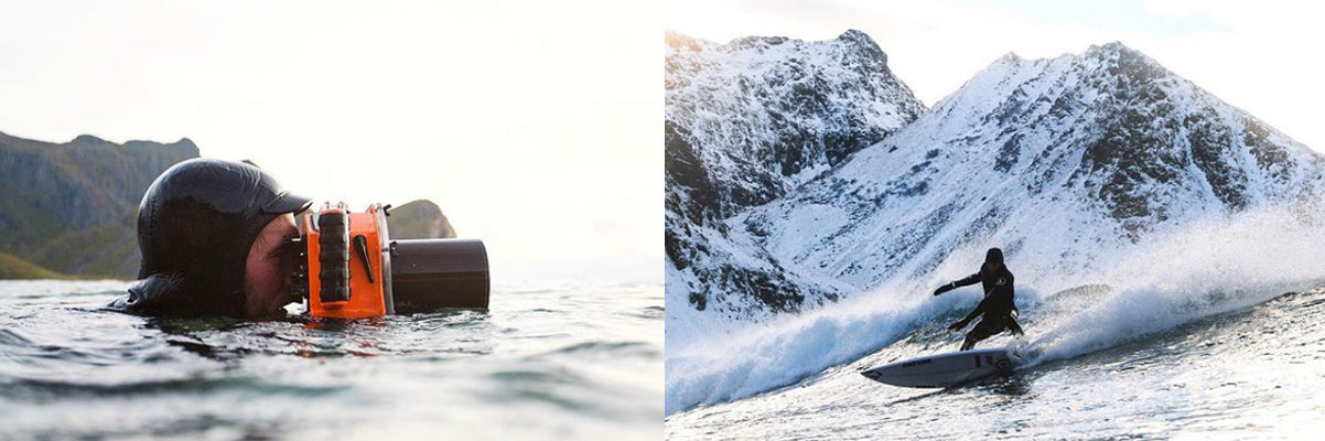 Fotógrafo tomando fotos de surfistas árticos