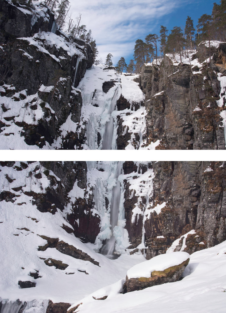 Vertikales Panorama eines Wasserfalls im Winter