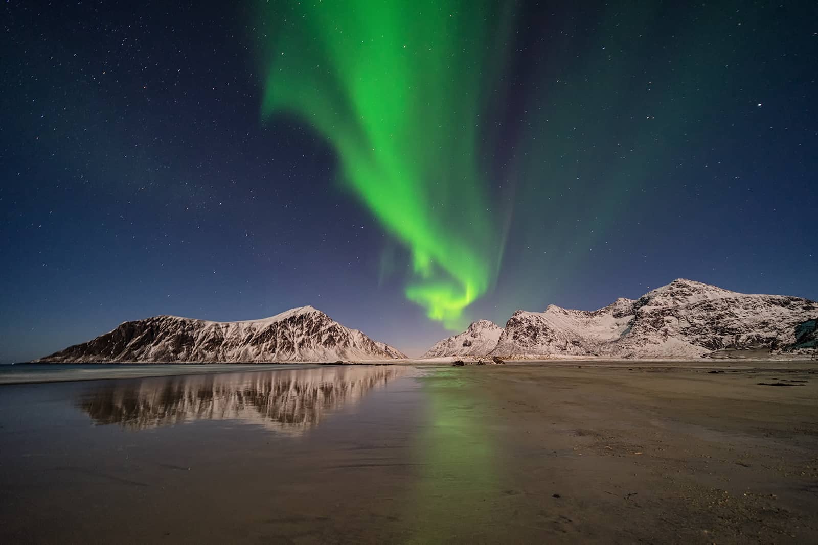 Lofoten in winter with the Aurora Borealis northern lights