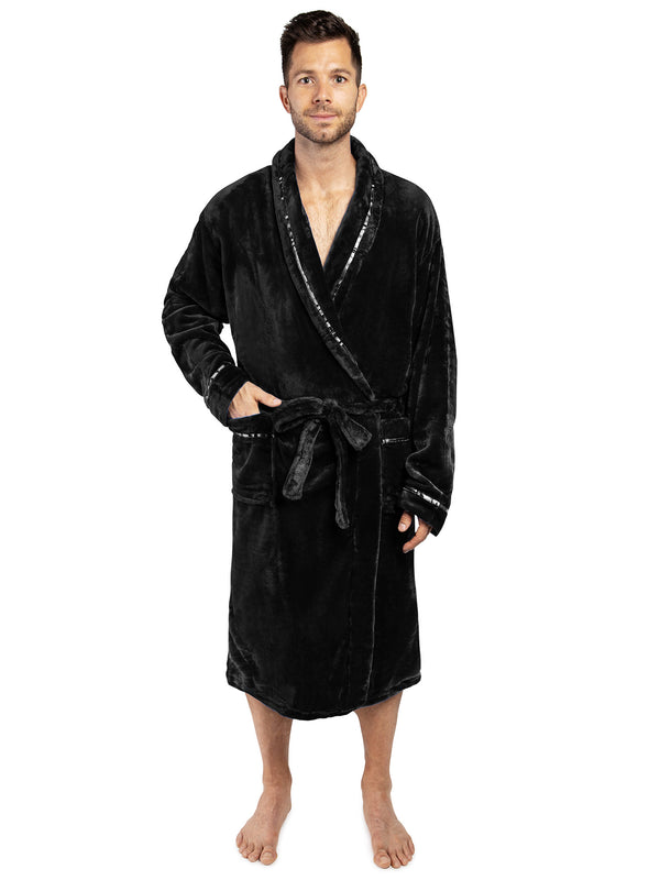 Pavilia Mens Soft Robe, Plush Warm Bathrobe for Men, Long Spa Robe with Shawl Collar, Pockets, Trim Piping (Black), Men's, Size: One Size