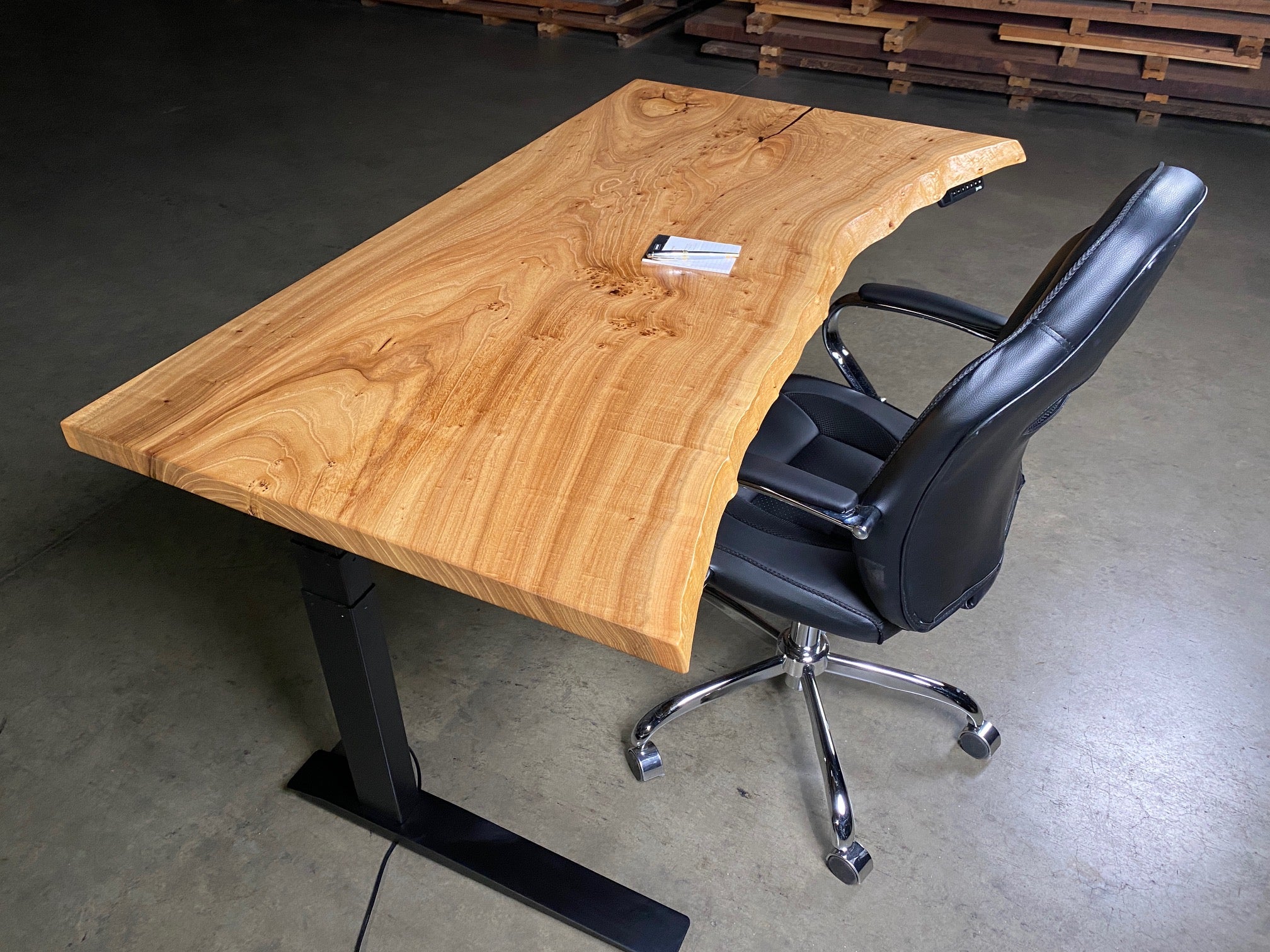 Elm live edge slab sit to stand adjustable height desk