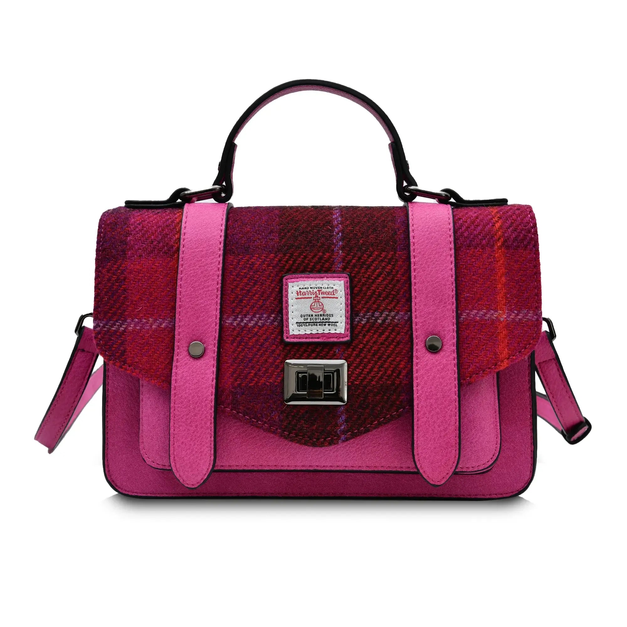 Image of Red Fuchsia Tartan Satchels with Harris Tweed® | Size: Mini (21 cm x 16 cm)