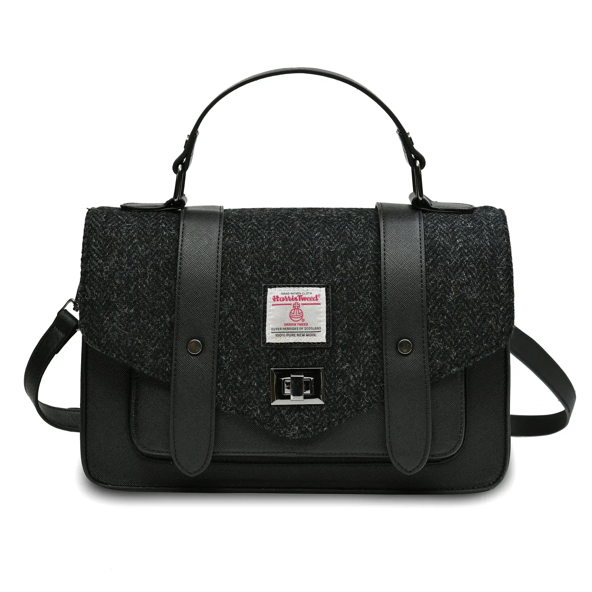 Image of Black Herringbone Satchels with Harris Tweed® | Size: Medium (24 cm x 16 cm)