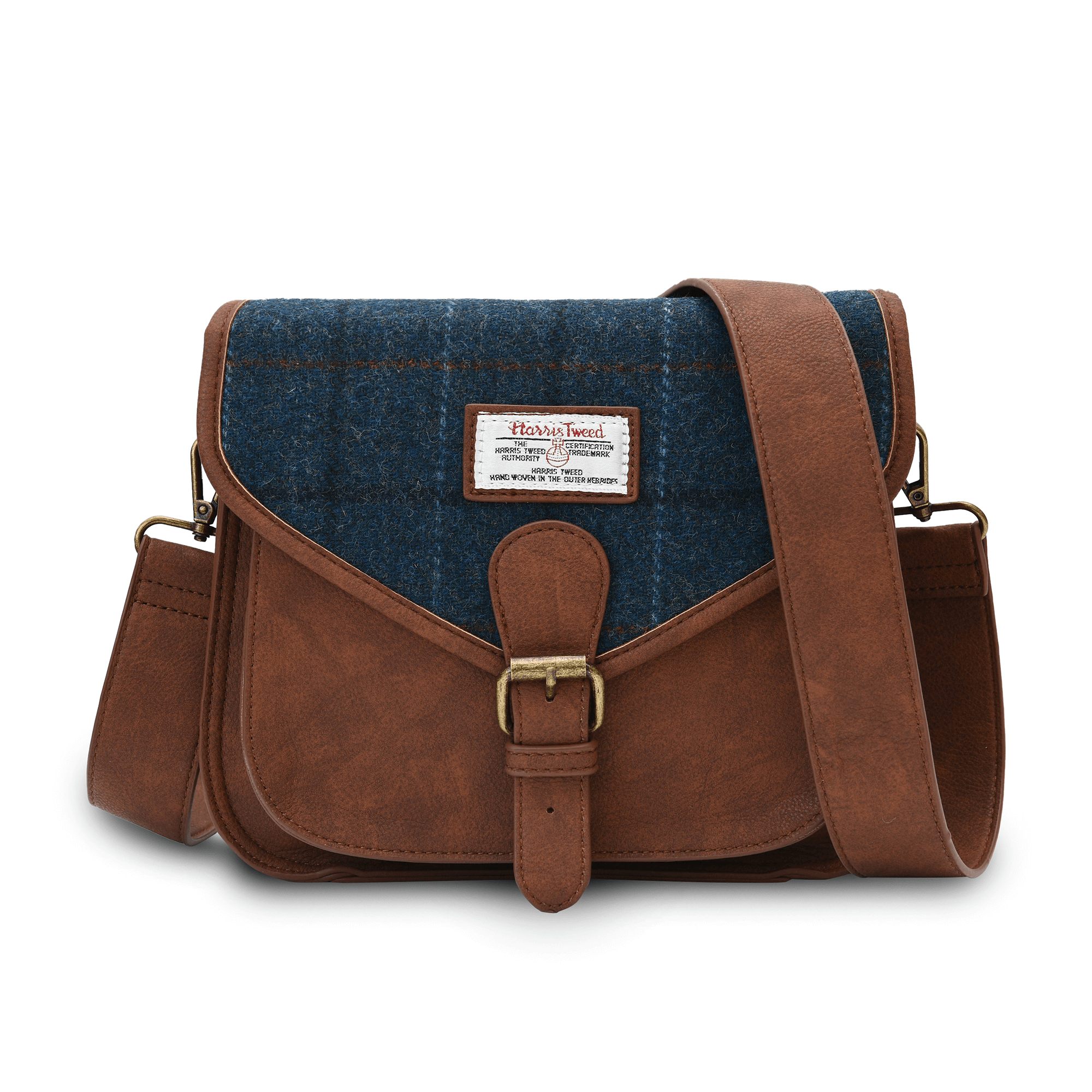 Image of Navy Over-Check Saddle Bag with Harris Tweed®