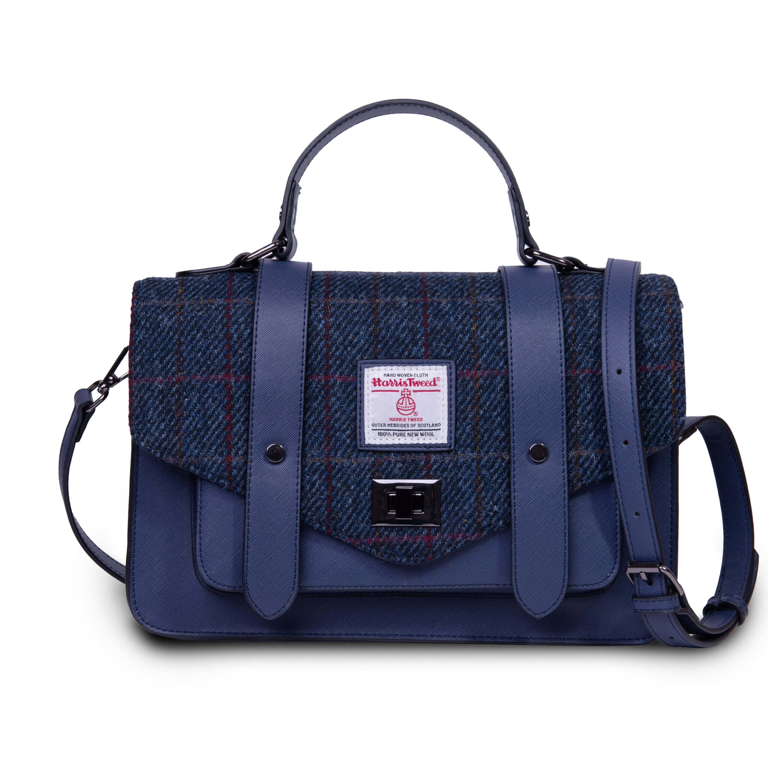 Image of Navy Over-Check Satchels with Harris Tweed® | Size: Mini (21 cm x 16 cm)