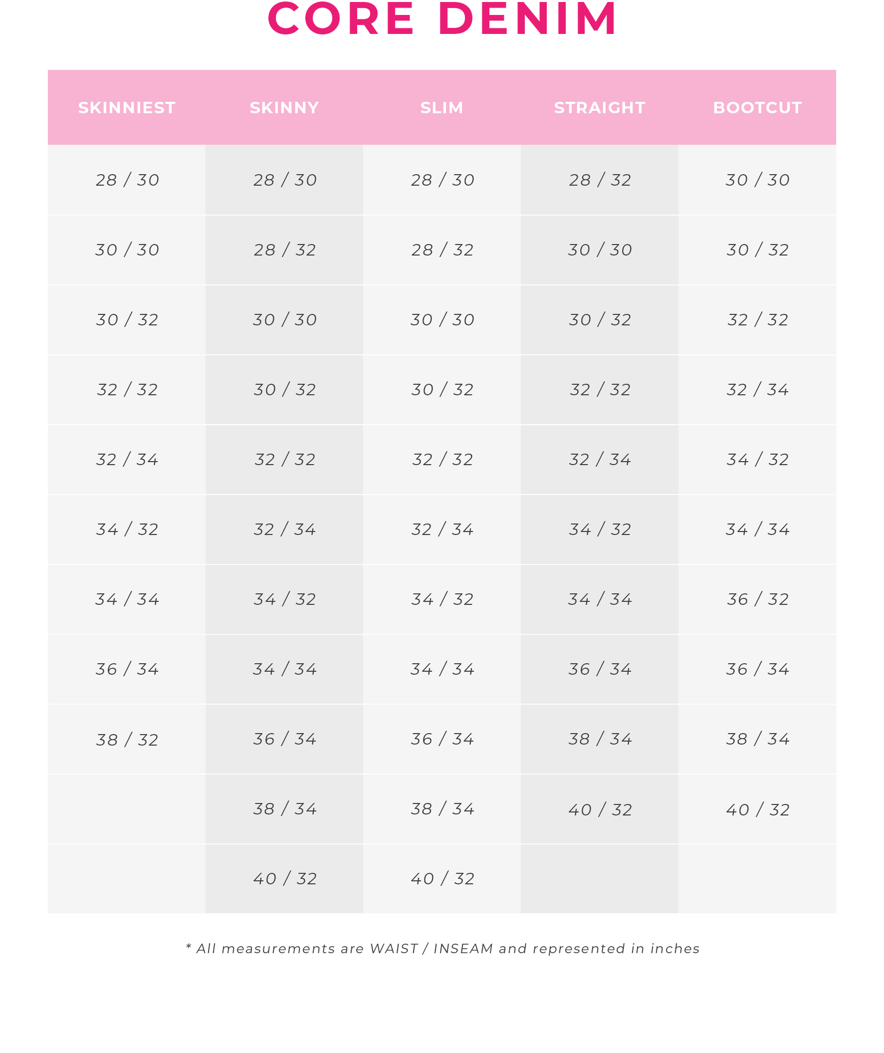 Wild Fable Jeans Size Chart