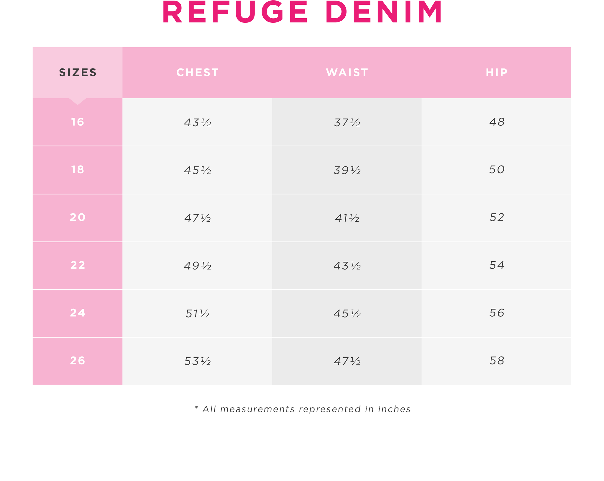 Refuge Jeans Size Chart