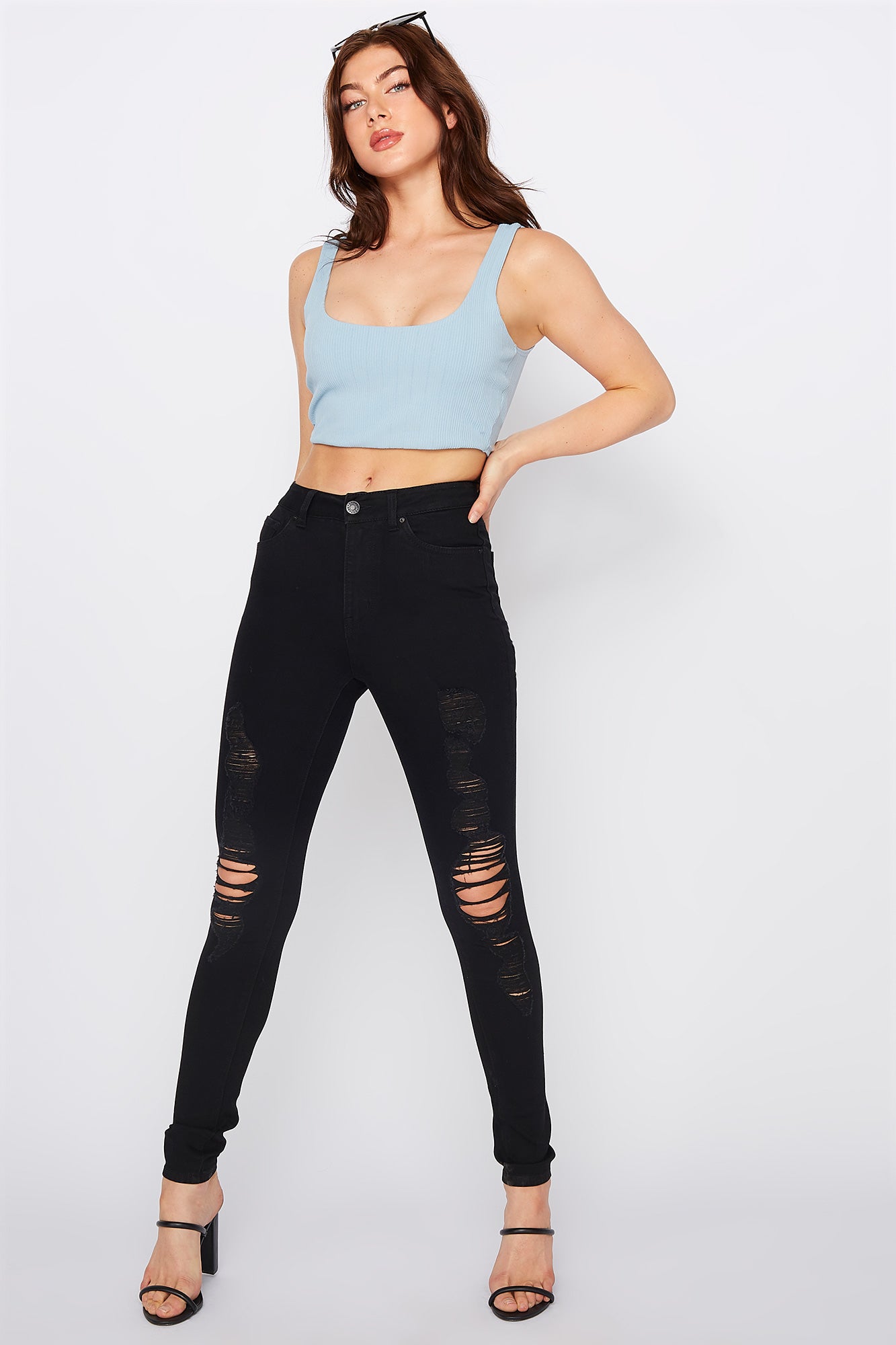 super skinny high waisted black ripped jeans