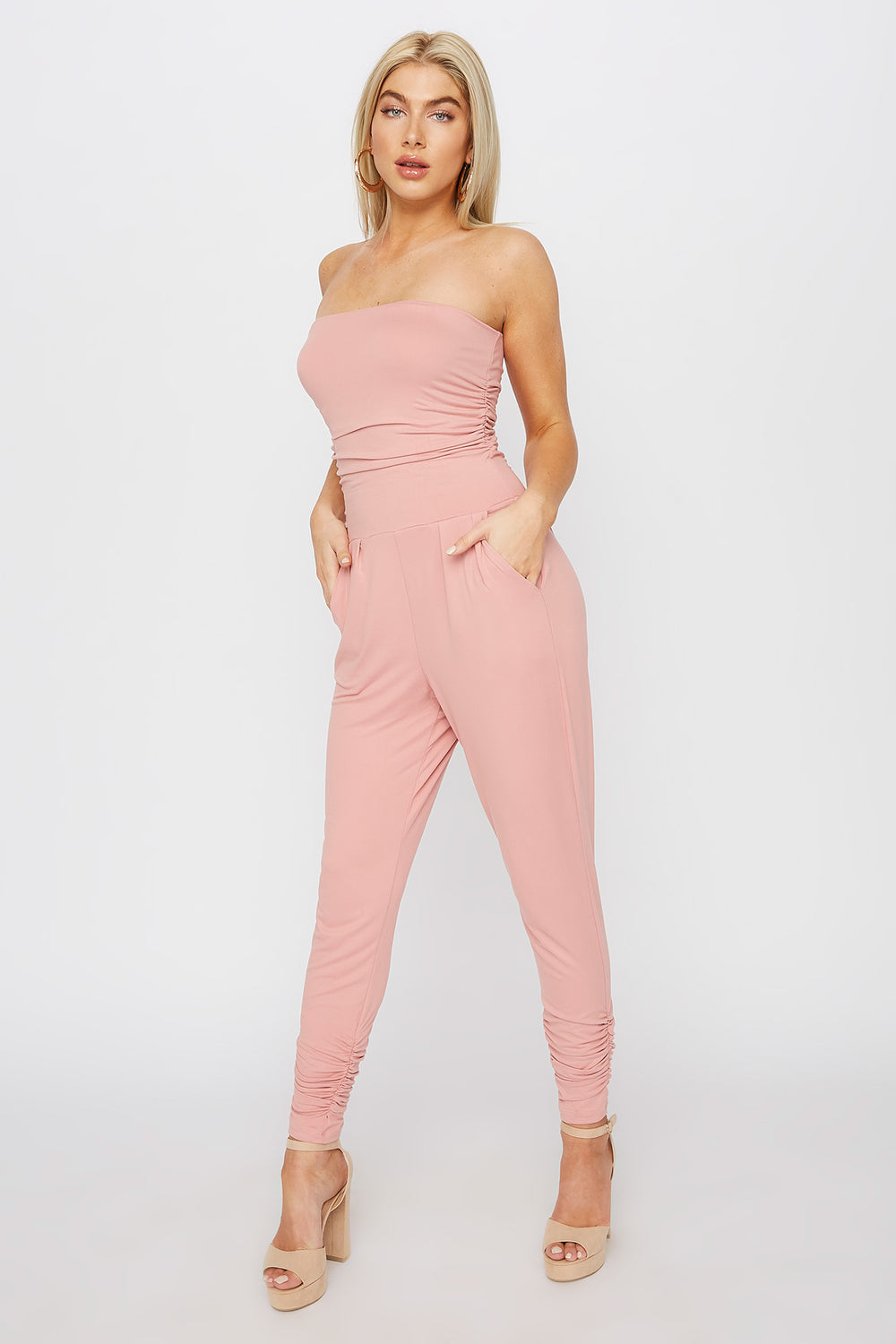 light pink strapless jumpsuit