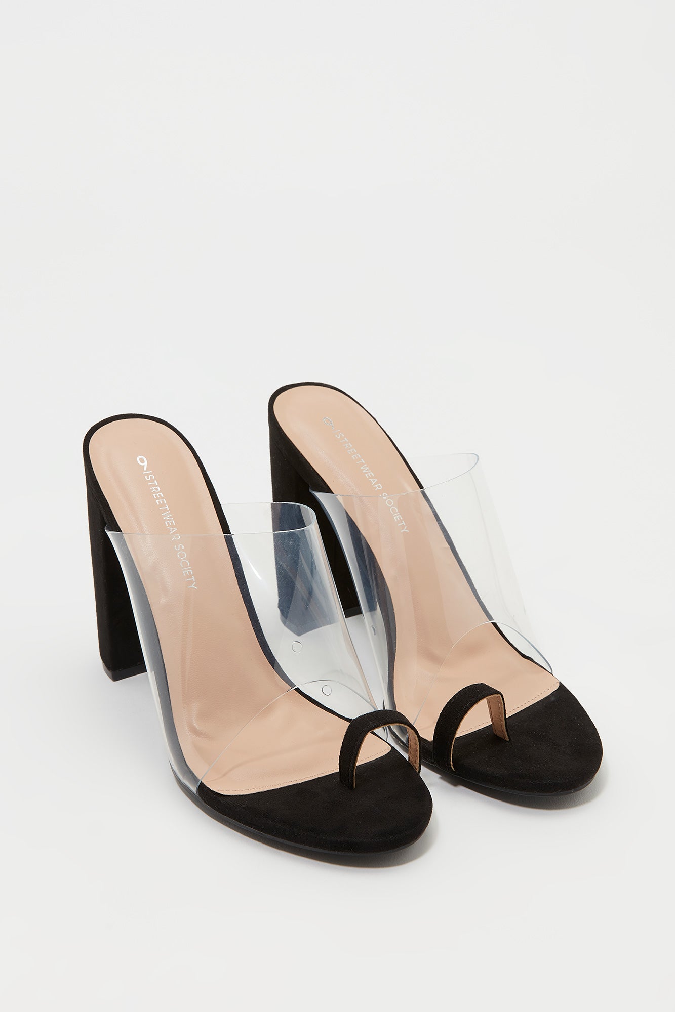 double clear band mule heels