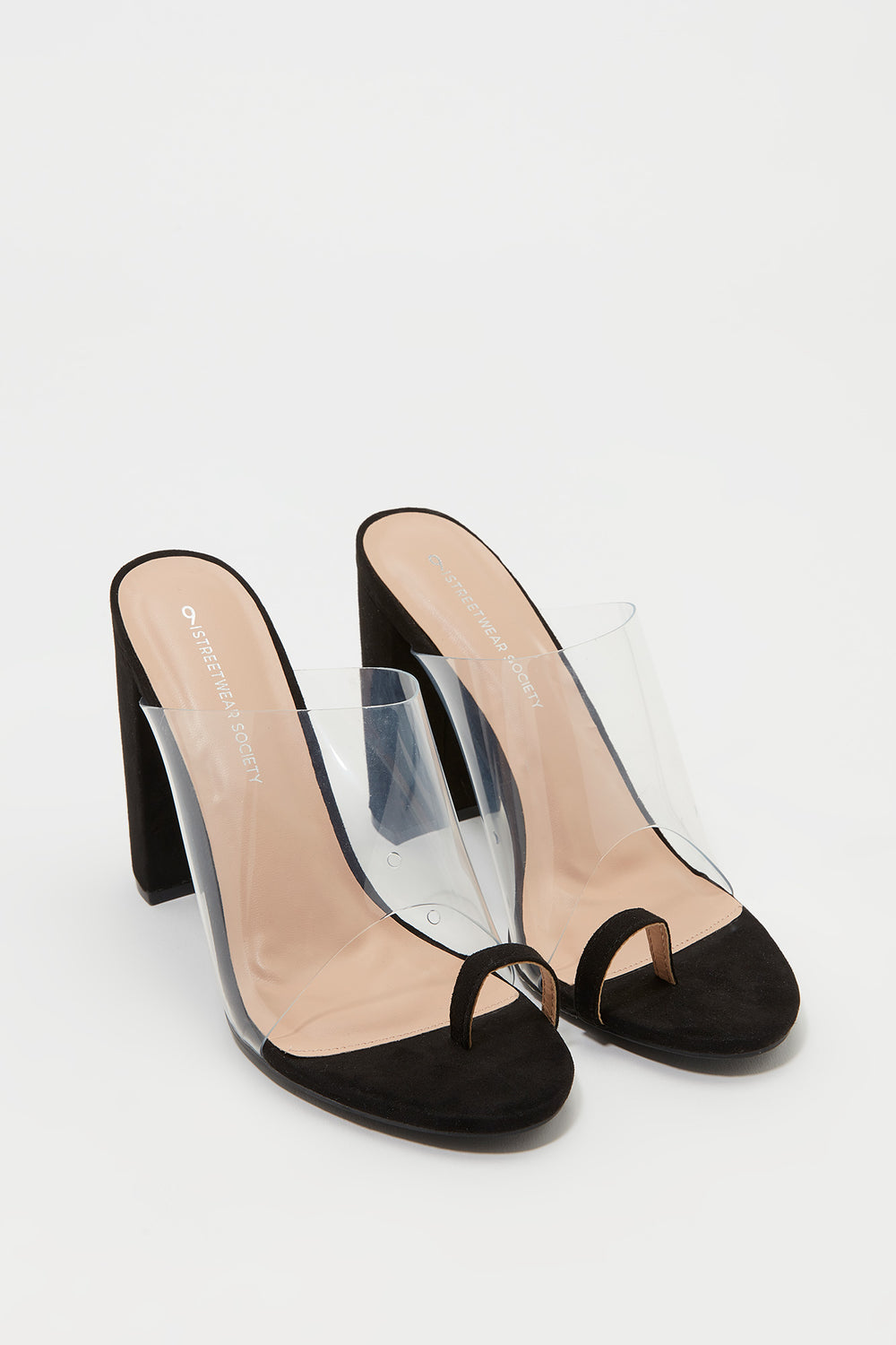 clear strap block heel mules