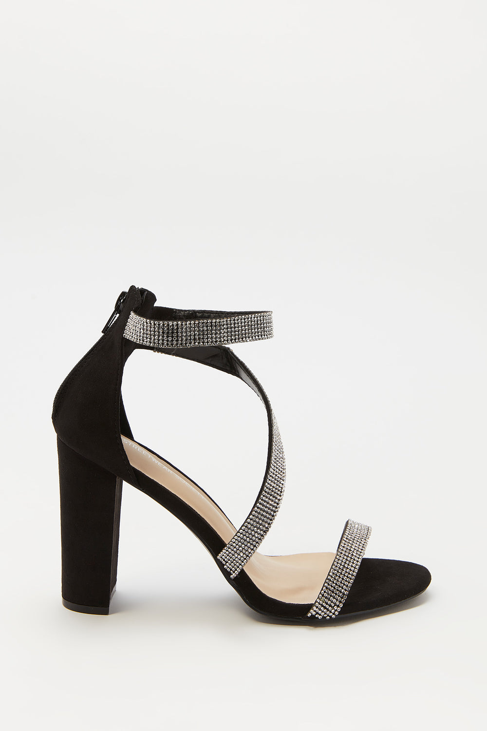 black rhinestone strappy heels