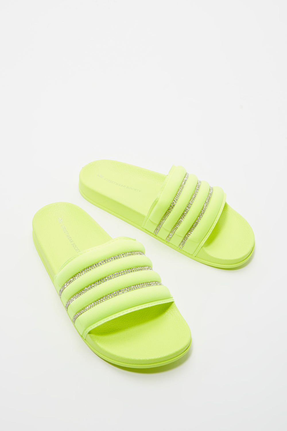 neon green rhinestone slides