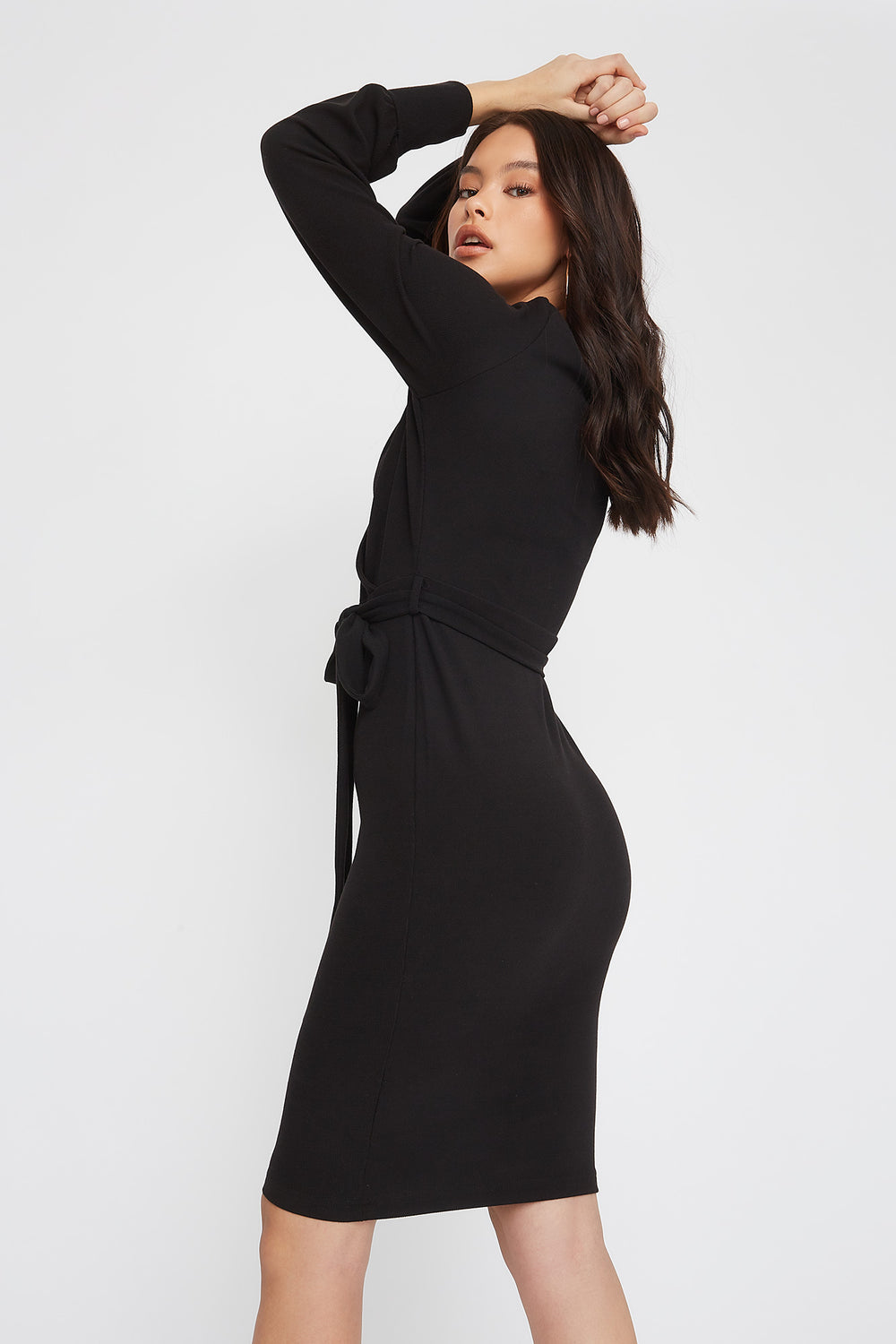 black long sleeve wrap midi dress