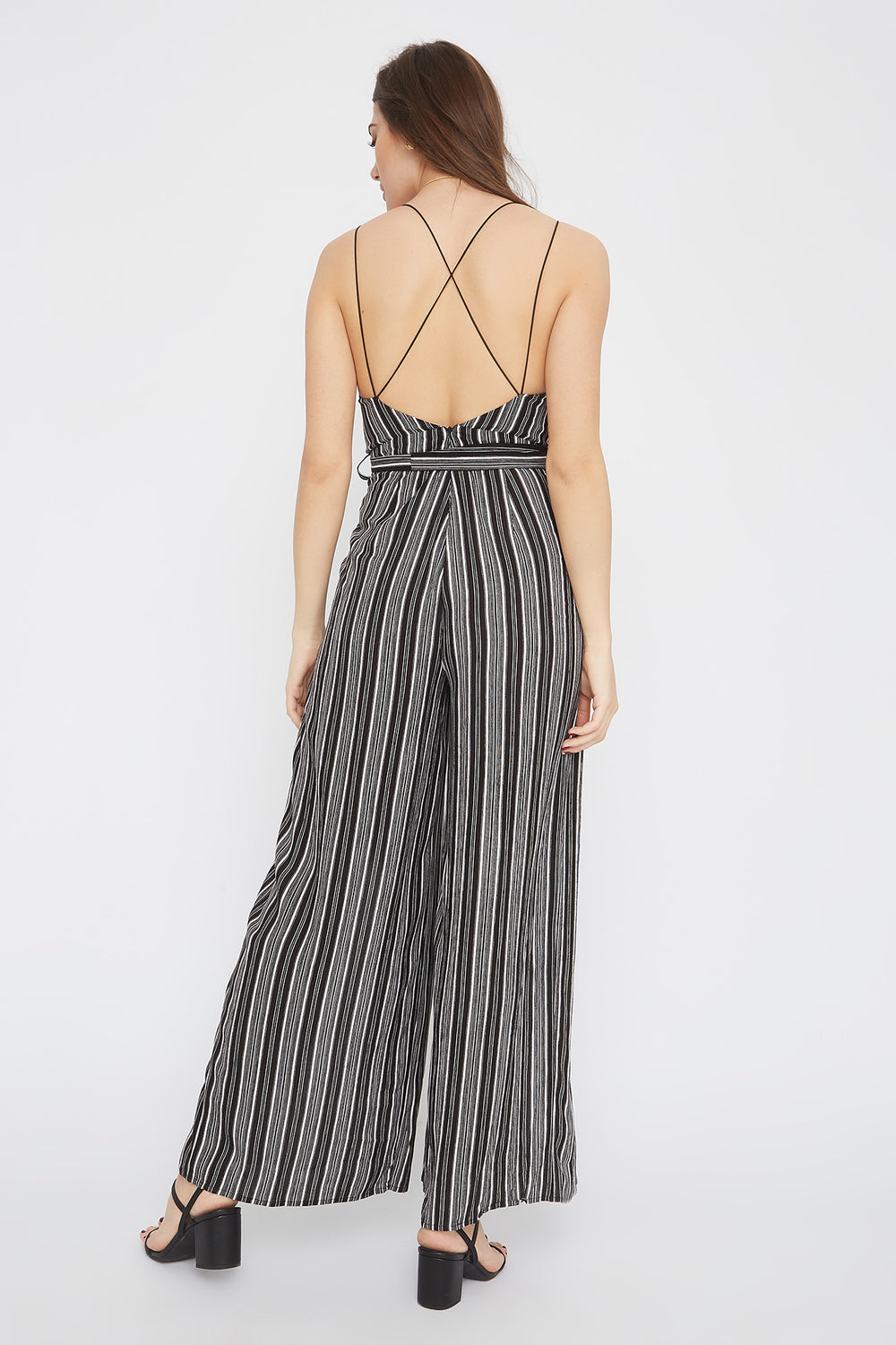 striped v neck jumpsuit