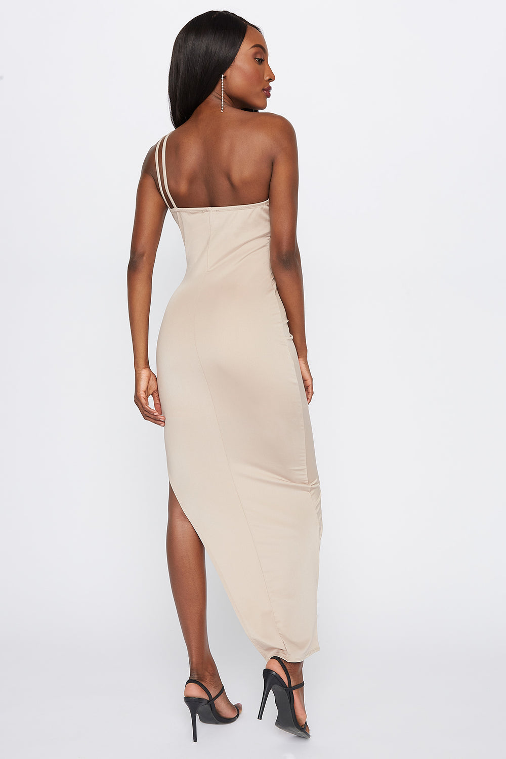 one shoulder tan dress