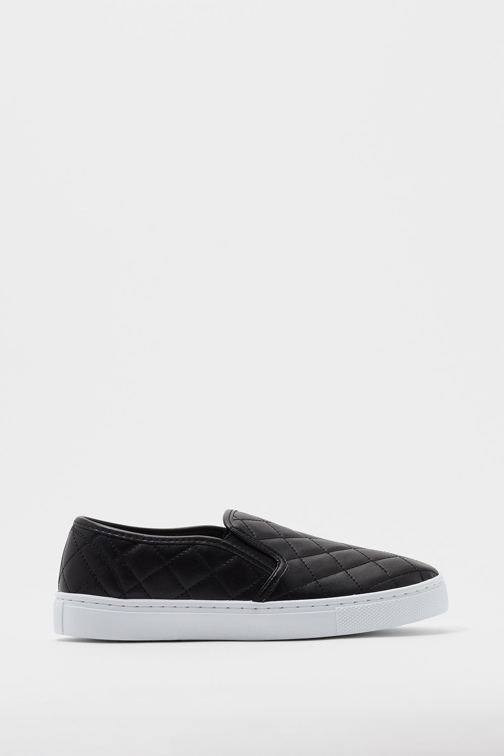 black faux leather slip on sneakers