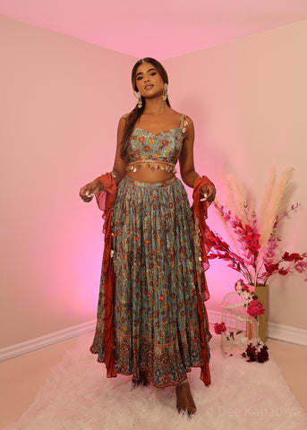 Sage green, copper orange, yellow multicoloured printed & pleated Cropped/Midi lehenga skirt set with big structured sequin tassels, perfect for mehendi and haldi ceremony