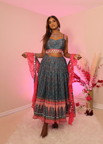 Pink & Blue multicoloured printed & pleated cropped/midi skirt croptop shawl set with big structured sequin tassels, perfect for mehendi and haldi ceremony