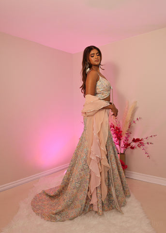 Mermaid butterfly style romantic whymsical lehenga saree croptop set with faux mirror embellishment, glass tassels in pastel tones and ruffle shawl, with long trail