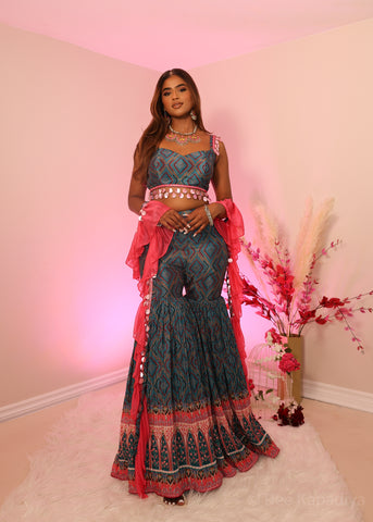 Pink & Blue multicoloured printed & pleated gharara pant croptop shawl set with big structured sequin tassels, perfect for mehendi and haldi ceremony