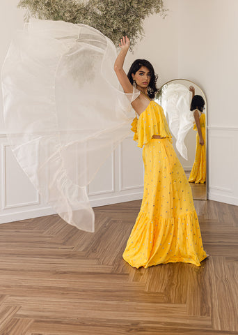 Yellow spring summer modern indian designer outfit fashion palazzo sharara set
