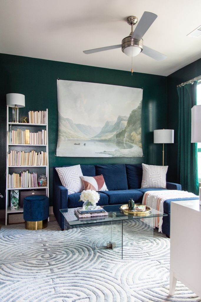Dark green living room decor with AllModern modern home decor, Behr Dark Everglade wall paint color on Kevin Francis Design #mediaroom #livingroom #darkgreen #greenpaint #interiordesign #homedecorideas