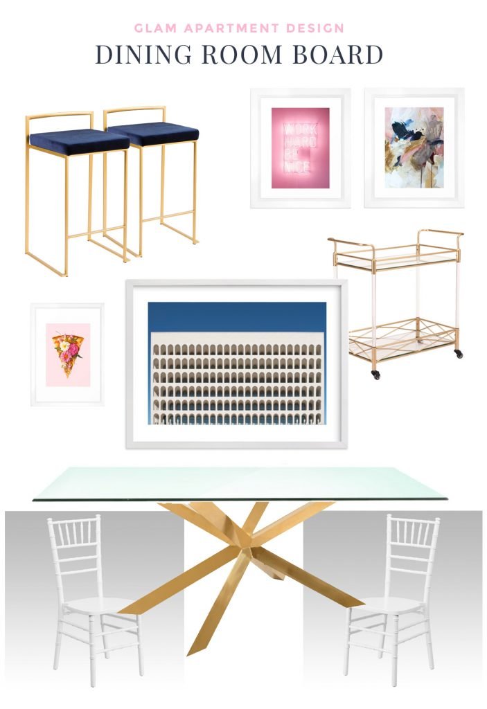 Glam apartment dining room design board with gold table, blue stools, and modern artwork on Thou Swell @thouswellblog