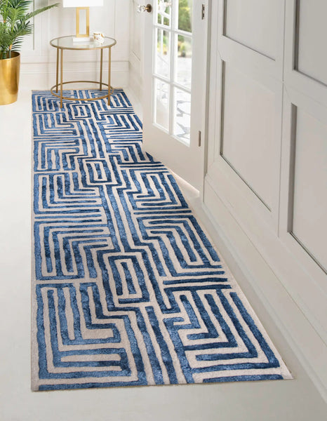 Navy blue Knossos maze hand-tufted runner in hallway, luxury area rugs