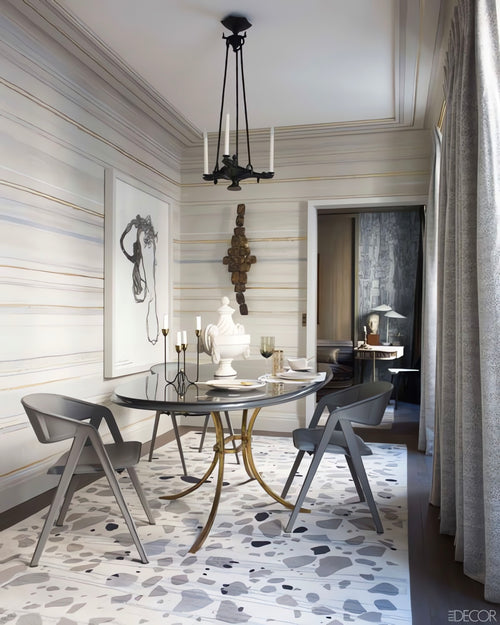 Jean Louis Deniot Paris apartment dining room design with Jacques Adnet chairs via Elle Decor on Kevin Francis Design