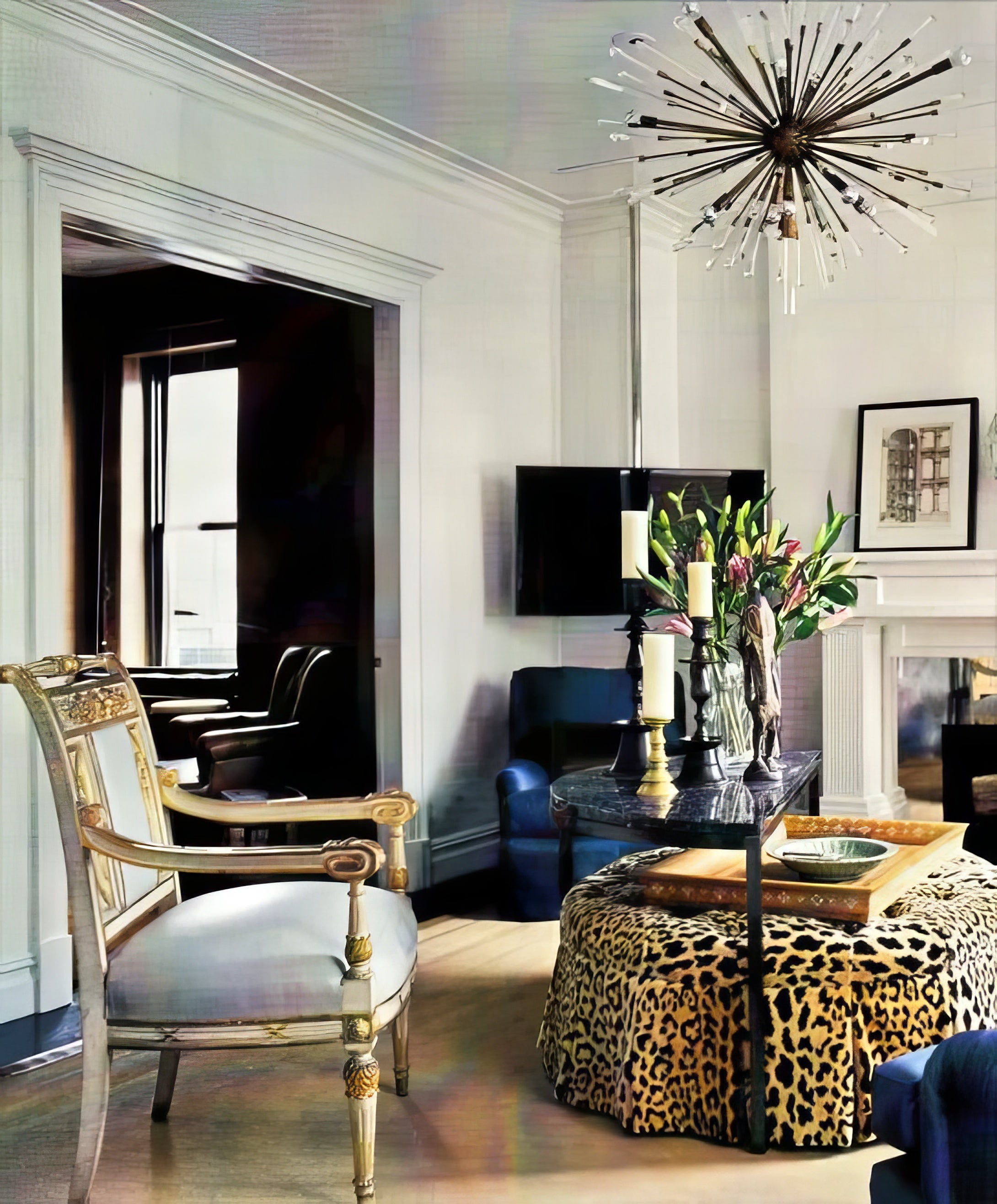 Traditional living room with leopard print skirted ottoman