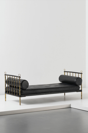 Black leather daybed designed by Jacques Adnet via Phillips Auctions on Kevin Francis Design