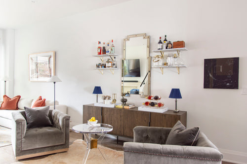 Home bar in Atlanta Beltline townhouse interior design by Kevin Francis O'Gara, how to mix modern and classic, neo-traditional home design style