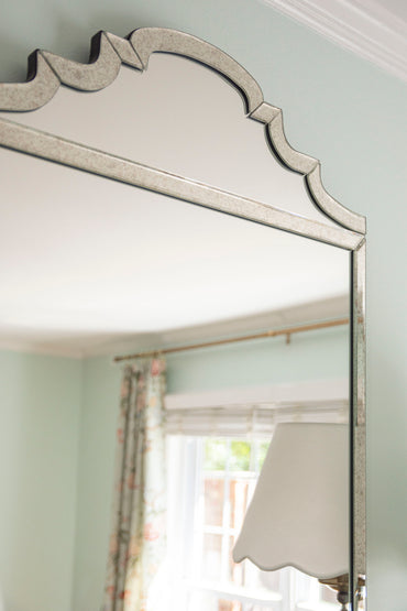 Ballard Designs San Marco tall wall mirror with antiqued frame in dining room design by Atlanta interior design studio Kevin Francis Design