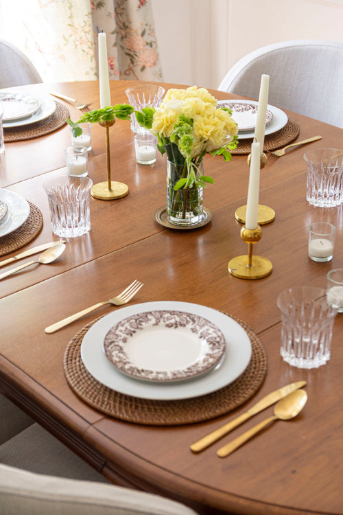 Brown and gold fall table setting, dining room styling with classic decor by Atlanta interior design studio Kevin Francis Design